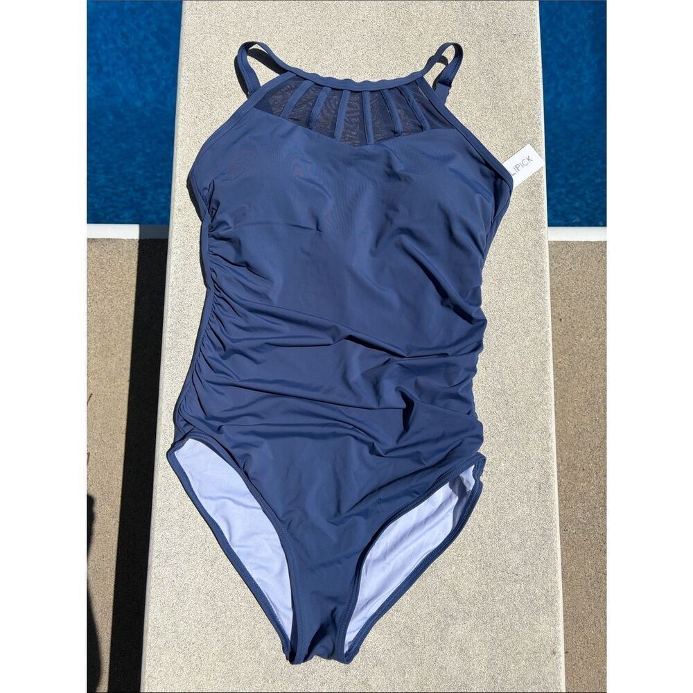 Navy High-Neck One-Piece Swimsuit with Mesh Yoke
